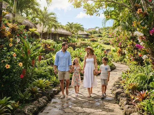 Joyful family walking together along stone path at Camp Veda