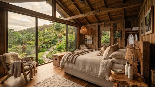 Luxury rustic wooden eco cottage bedroom interior with organic linen bedding at Camp Veda