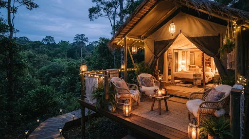 Luxury safari glamping tent suite with private wooden verandah deck and lantern lighting at Camp Veda